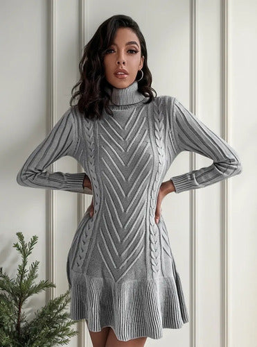 Vestido De Punto Cuello Alto Jersey  Vt 07 Gris M