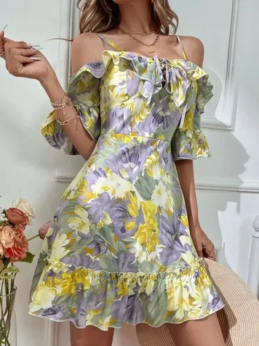 Vestido Hombros Descubiertos Estampado Floral  Vd 97