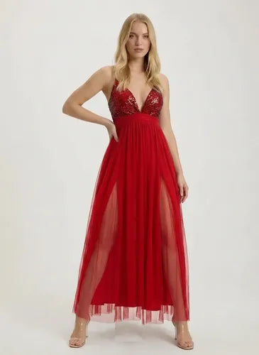 Vestido largo multicolor tul y lentejuelas evasé