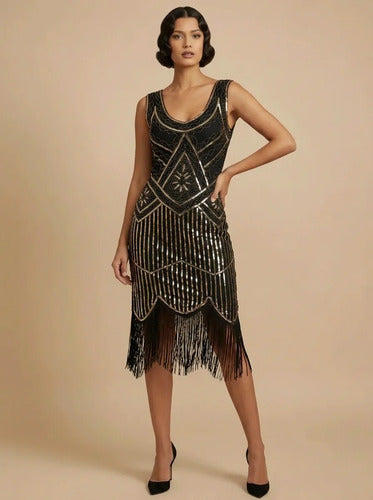 Vestido midi charlestón años 20 Gatsby con flecos