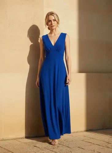Vestido largo azul y naranja evasé escote V