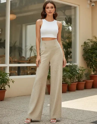 Pantalon Mujer Cintura Alta Pierna Ancha Pt 14 Beige Xs