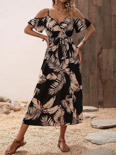 Vestido Bohemio Estampado Tropical Hombro Descubierto Vd 111 Negro S