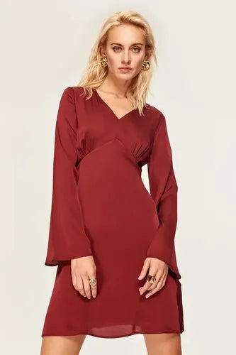 Vestido Fiesta Burdeo Coctel Manga Larga  Td 15 Rojo 40
