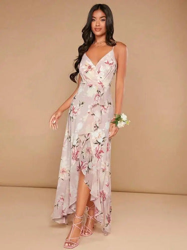 Vestido Forrado Estampado Dama De Honor Cruzado Vd 120 Rosa S