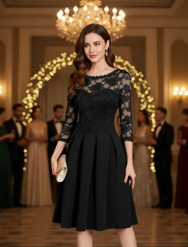 Vestido Fiesta Gala Boda Negro Manga 3/4 Va 329 Negro L