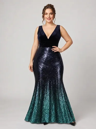 Vestido largo de fiesta lentejuelas azul corte sirena