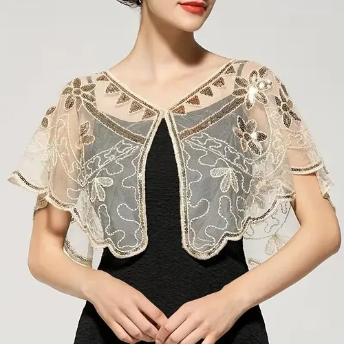 Bolero tipo chal beige y negro con lentejuelas