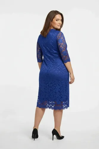Vestido midi azul y negro encaje escote V evasé