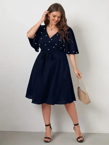 Vestido Fiesta Talla Grande Gasa Con Perlas Manga Vg 100
