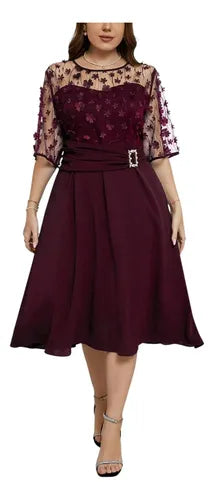 Vestido Fiesta Talla Grande Cuello Redondo Mangas