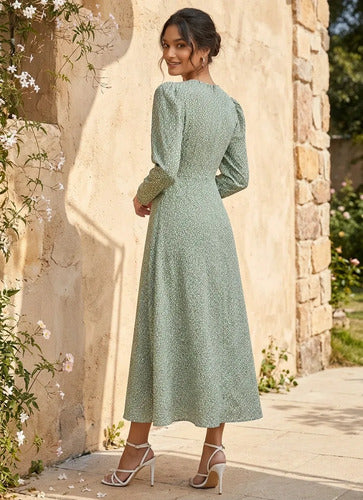 Vestido largo verde estampado manga larga