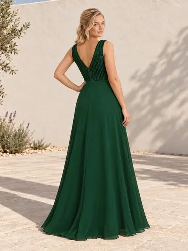 Vestido largo dorado y verde lentejuelas escote V