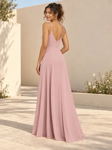 Vestido largo rosa y verde escote V con abertura