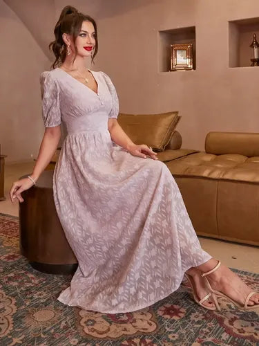 Vestido Largo Escote V Romántico  Va 571 Rosa S