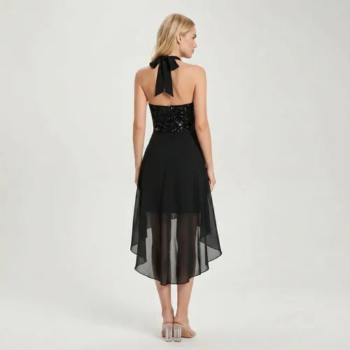 Vestido corto azul y negro lentejuelas escote halter