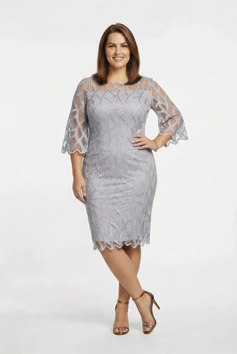 Vestido midi gris corte tubo manga 3/4 talla grande