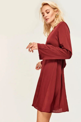 Vestido Fiesta Burdeo Coctel Manga Larga  Td 15 Rojo 40