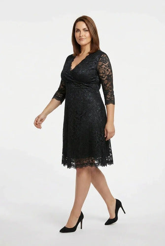 Vestido midi azul y negro encaje escote V evasé