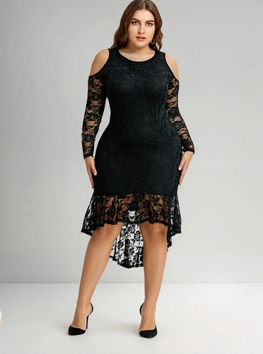 Vestido Negro De Encajes Asimétrico Talla Grande Vg 32 Negro Xl