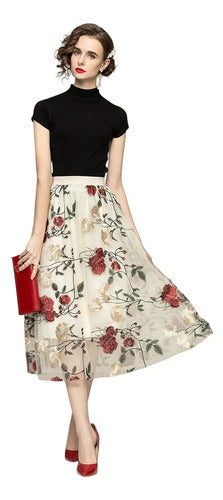 Falda Elegante De Malla Doble Capa, Bordado Con Flores Fb 05 Crudo S