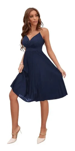 Vestido Fiesta Cóctel Plisado Cadena En Los Hombros Va 559 Azul M