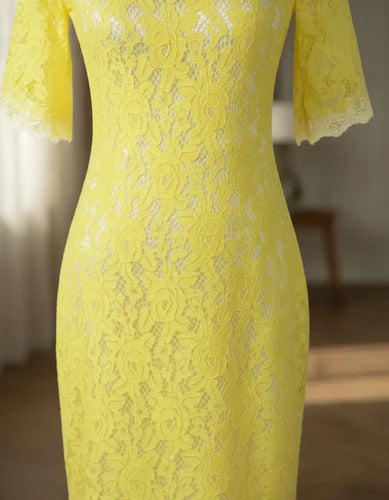 Vestido Encaje Manga 3/4 Amarillo Ve 23