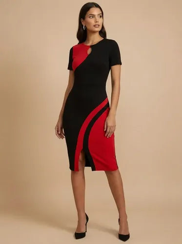 Vestido midi bodycon blanco y negro cuello redondo