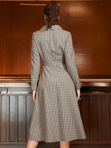 Vestido Manga Larga Campana Cuello Esmoquin Cinturón Va 565 Marrón Cuadritos L
