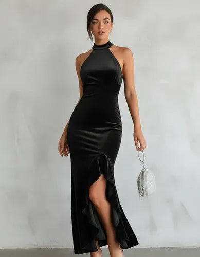 Vestido largo azul sirena cuello halter