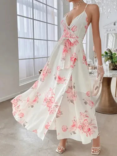 Vestido Gasa Floral Escote Forrado Fiesta Graduación Vd 106 Blanco S