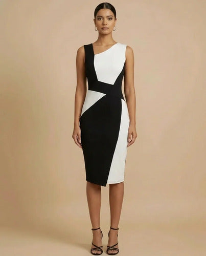 Vestido midi azul y blanco tubo cuello cubierto oficina