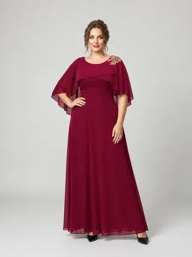 Vestido largo evasé bordó cuello cubierto, talla grande