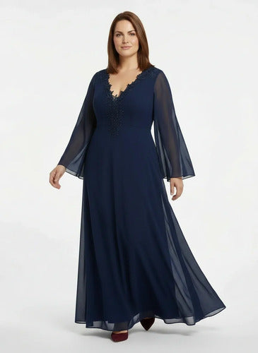 Vestido largo de fiesta en gasa azul y bordó