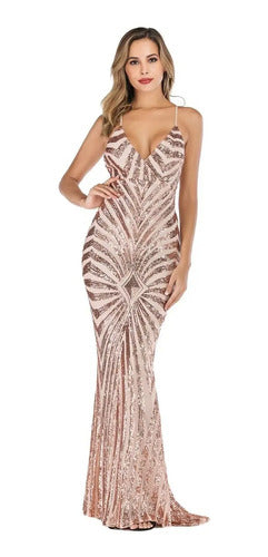 Vestido Fiesta Largo Negro Dorado Lentejuelas  Vl 27