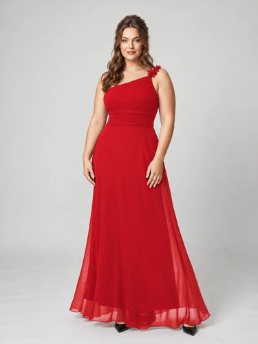 Vestido largo de fiesta gasa rojo asimétrico