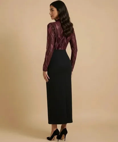 Vestido largo negro brillos cuello cuadrado