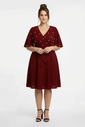 Vestido corto multicolor gasa con perlas evasé talla grande