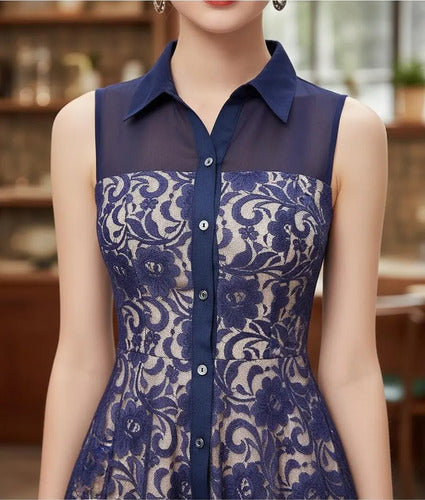 Vestido Encaje Forrado Ep 45c Azul Acero 6