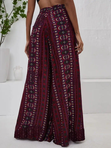 Pantalón Mujer Pierna Ancha Estampado Pt 12 Burdeo Xs