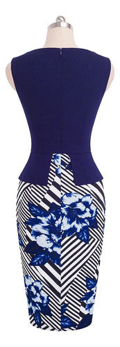 Vestido Azul Peplum Coctel Oficina Sin Manga Va 161