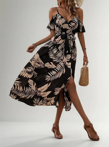 Vestido Bohemio Estampado Tropical Hombro Descubierto Vd 111 Negro S