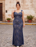 Vestido largo azul de encaje corte sirena talla grande