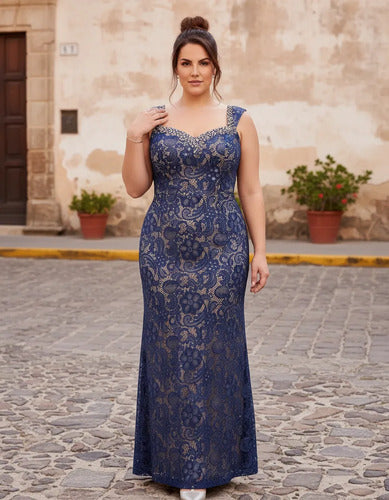 Vestido largo azul de encaje corte sirena talla grande