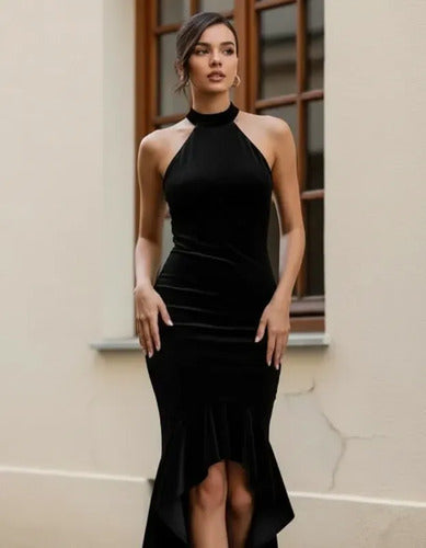 Vestido largo azul sirena cuello halter