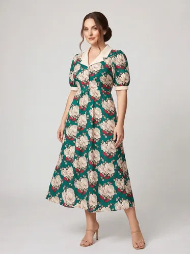 Vestido largo verde estampado romántico
