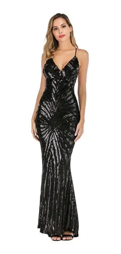 Vestido Fiesta Largo Negro Dorado Lentejuelas  Vl 27
