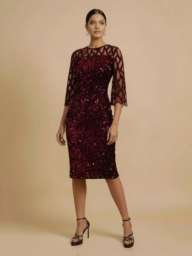Vestido midi rojo lentejuela tubo manga 3/4