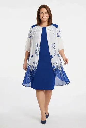 Vestido midi azul floral evasé talla grande