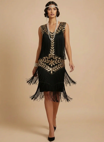 Vestido midi charlestón años 20 negro